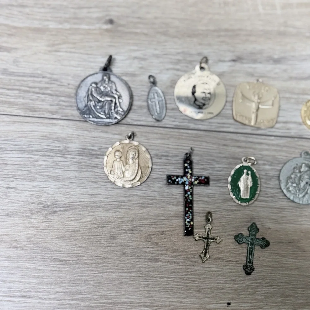 Vintage Religious Charm Lot Cross Medal Saint Pendant Catholic Jewelry‎ Bundle